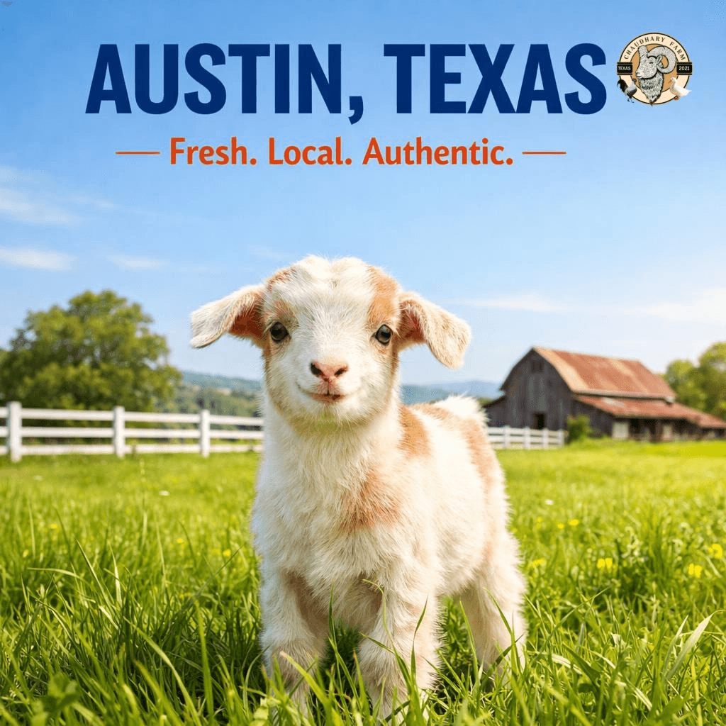 Austin farm brand creative featuring a goat in a field